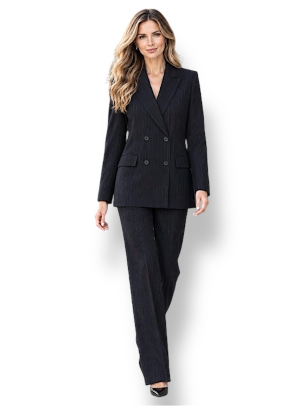 AKRIS Wool Pinstripe Double Breasted Suit Jacket &  Strait Pants Size 8/10